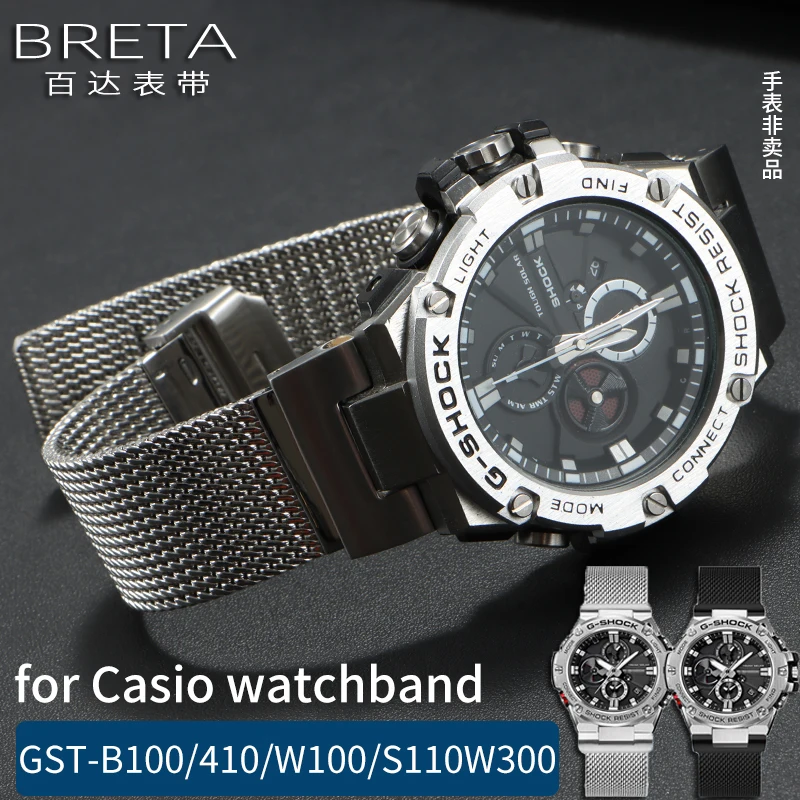 For Casio watchbands GST-B100/B200/410/W100/S110W300 Thickened Milan stainless steel bracelet Replace Wristbands with Adapter