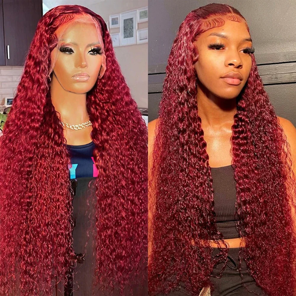 13x4 13x6 Deep Curly HD Lace Frontal Wig  99J Burgundy Red Colored 200 Density Water Wave Human Hair Wigs Pre Plucked Remy Hair