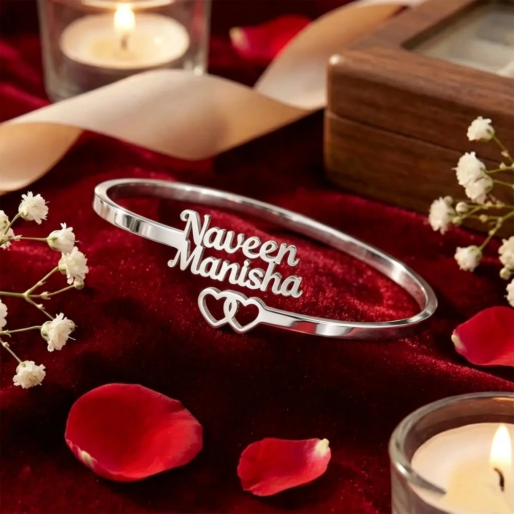 Personalized Double Name Heart Bangles For Women Jewelry Stainless Steel Two Nameplate Open Adjustable Bangle Couple Gifts
