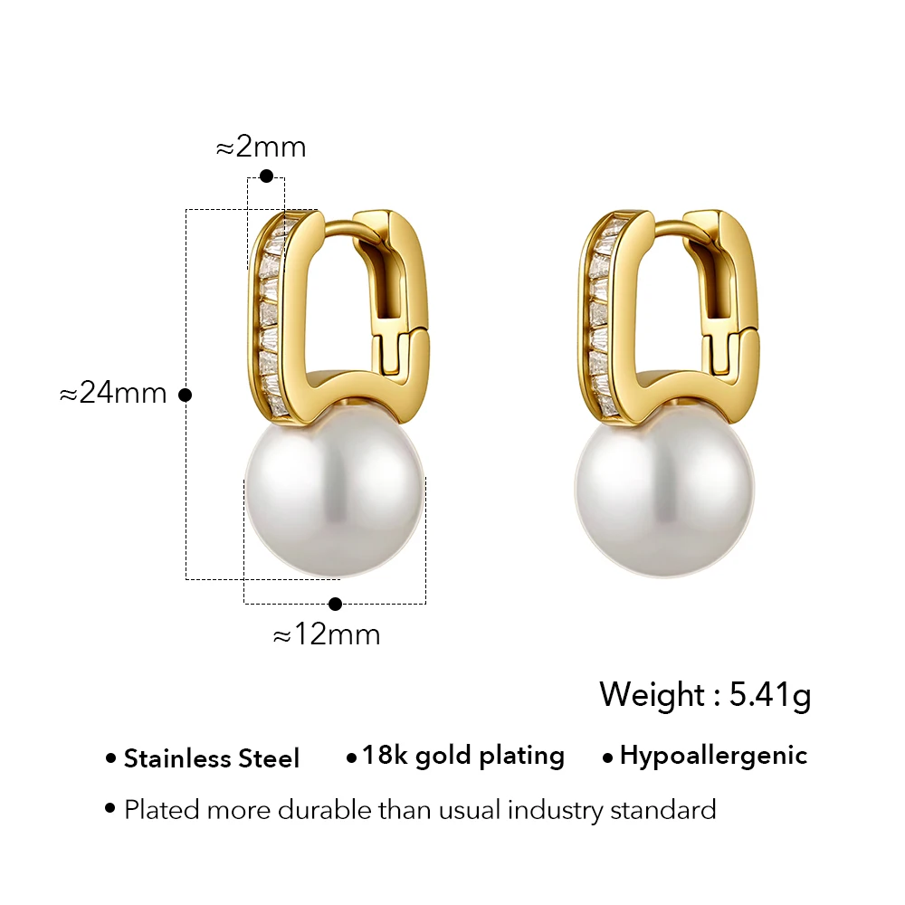 ENFASHION Aretes De Mujer U-Shape Pearl CZ Hoop Earrings For Women's Stainless Steel 18K Plated Gold Fashion Delicate Jewelry