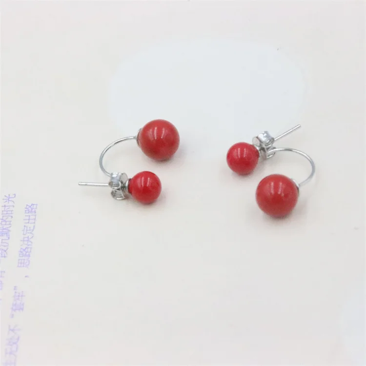 ZFSILVER 100% 925 Sterling Silver Fashion Trendy Red Shell Pearl Double Ball Earrings For Women Charm Jewelry Elegant Party Gift