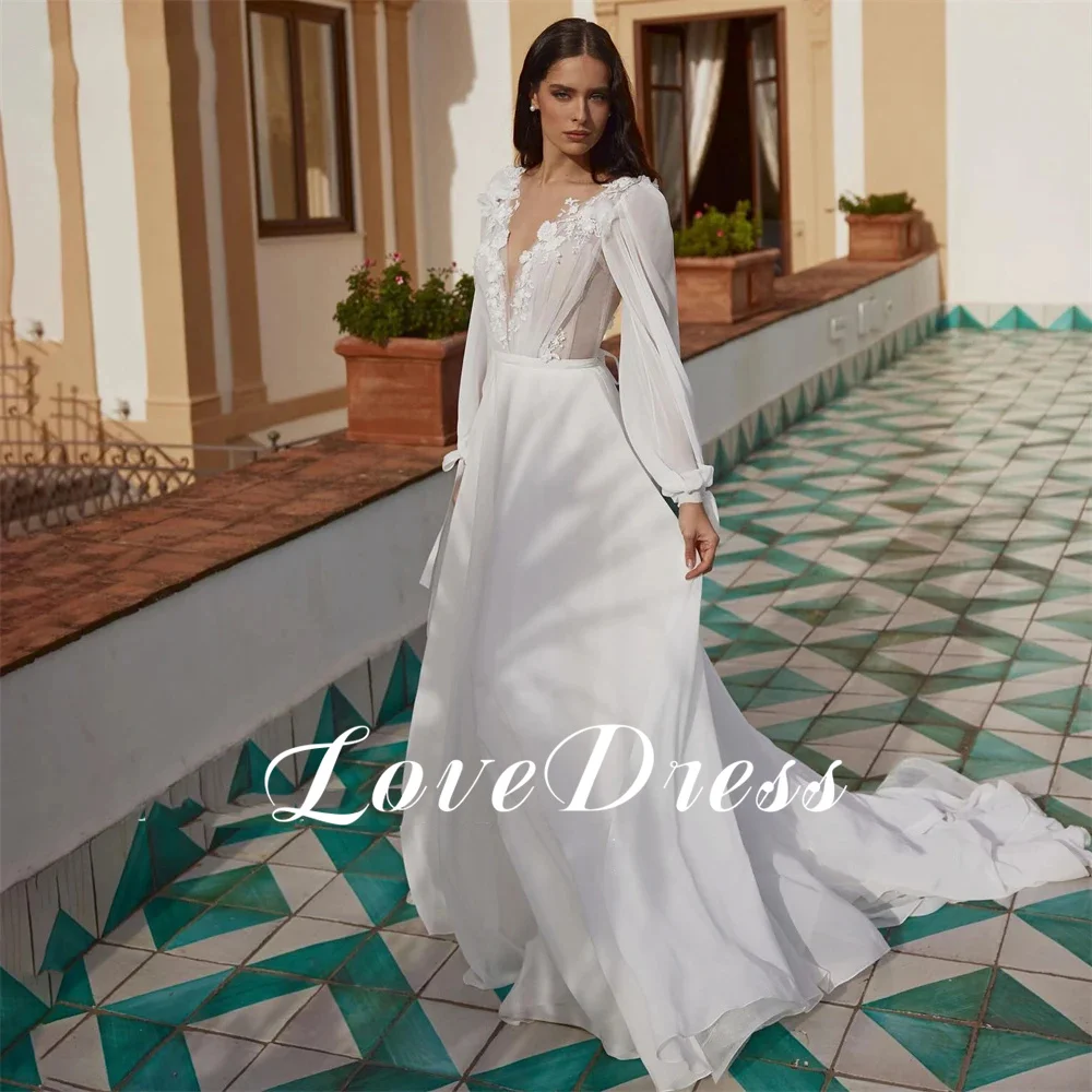 Amore elegante applique in pizzo chiffon a-line abiti da sposa maniche lunghe a sbuffo profondo scollo a V a-line senza schienale lunghezza del pavimento personalizzato