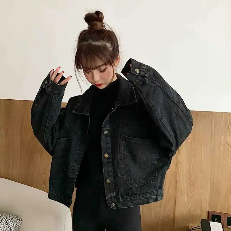 Black Denim Short Women Jacket Loose Single Breasted Button Pockets Korean Style Chic Retro Harajuku Casual Streetwear Womens