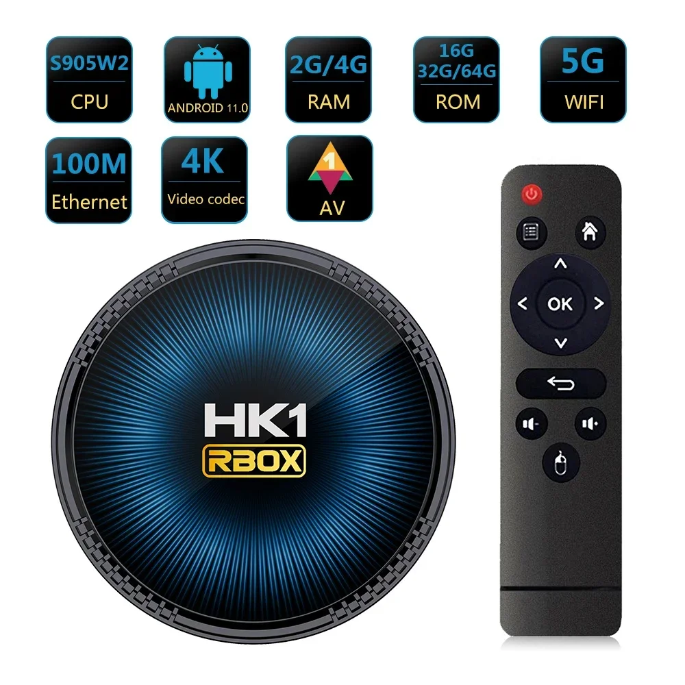 HK1 RBOX W2 Android 11.0 Smart TV BOX 4K Amlogic S905W2 2G/4G 16G/32GB/64GB 3D Wifi 2.4G&5G Support IP&TV Media Google Player