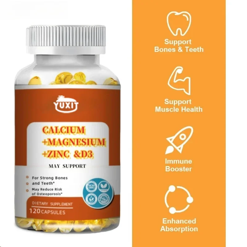 YUXIT Calcium Magnesium Zinksupplement, met vitamine D3, sterke botten en tanden, gemakkelijk te slikken capsules