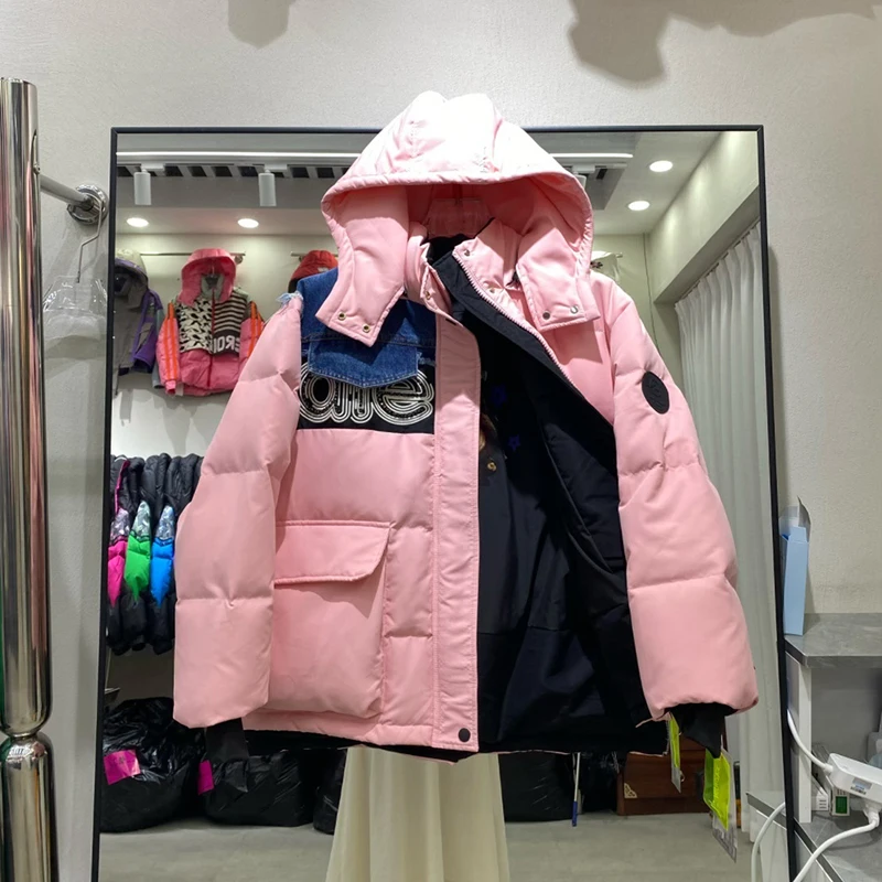 

Winter Embroidery Letter Parker Hood Down Jacket Women White Duck Down Thick Jacket Female Patchwork Pocket Zipper Warm Outwears