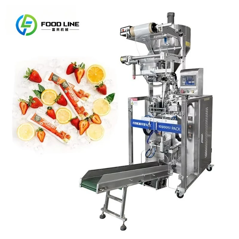 Machine de remplissage et d'emballage verticale personnalisée pour petits sachets, idéale pour les jus, les bâtonnets glacés, les liquides, les pâtes et les boissons froides en atelier de transformation.
