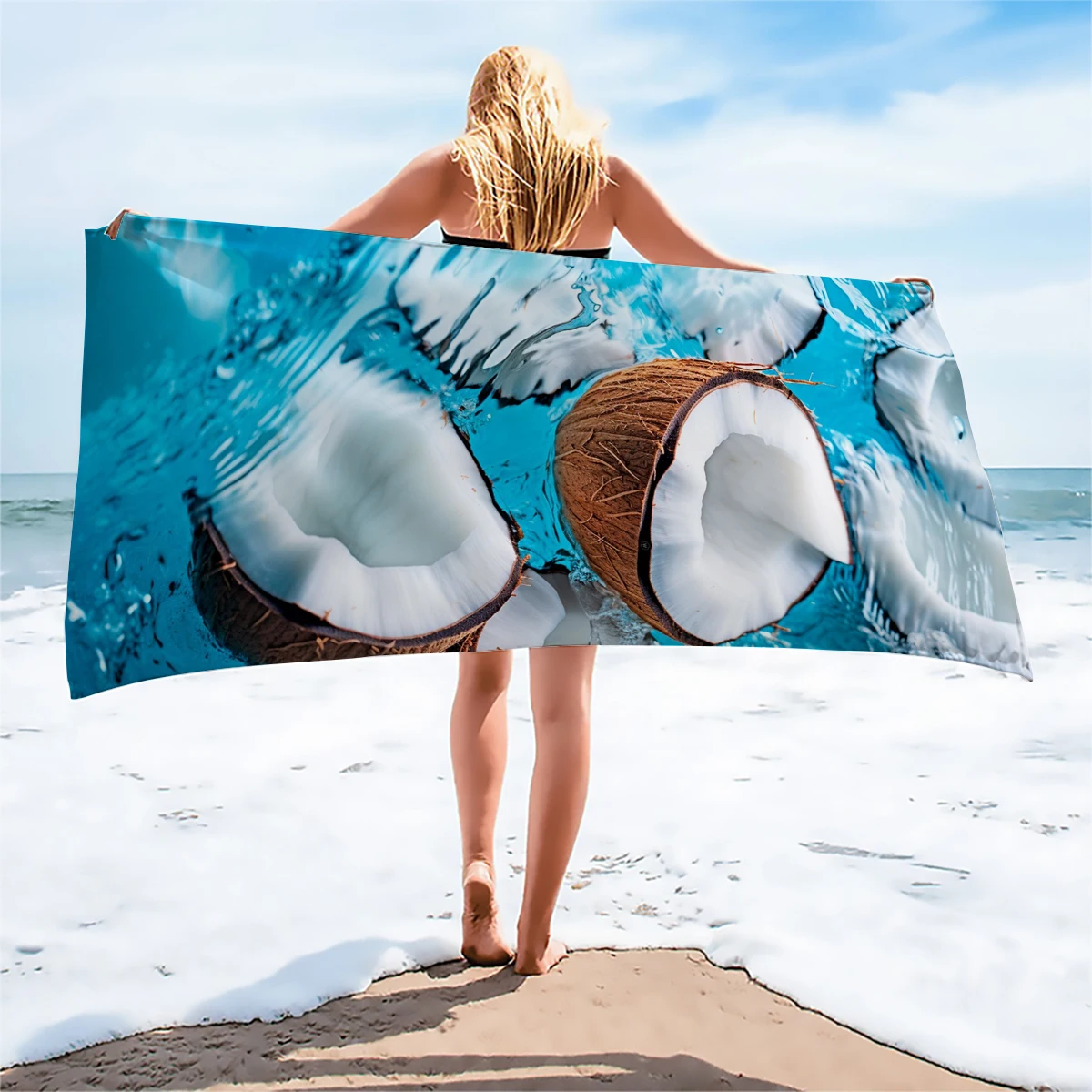 1PC Summer Refreshing Coconut Wave Print Beach Towel Quick Dry Absorbent Swimming Holiday Large Bath Towel