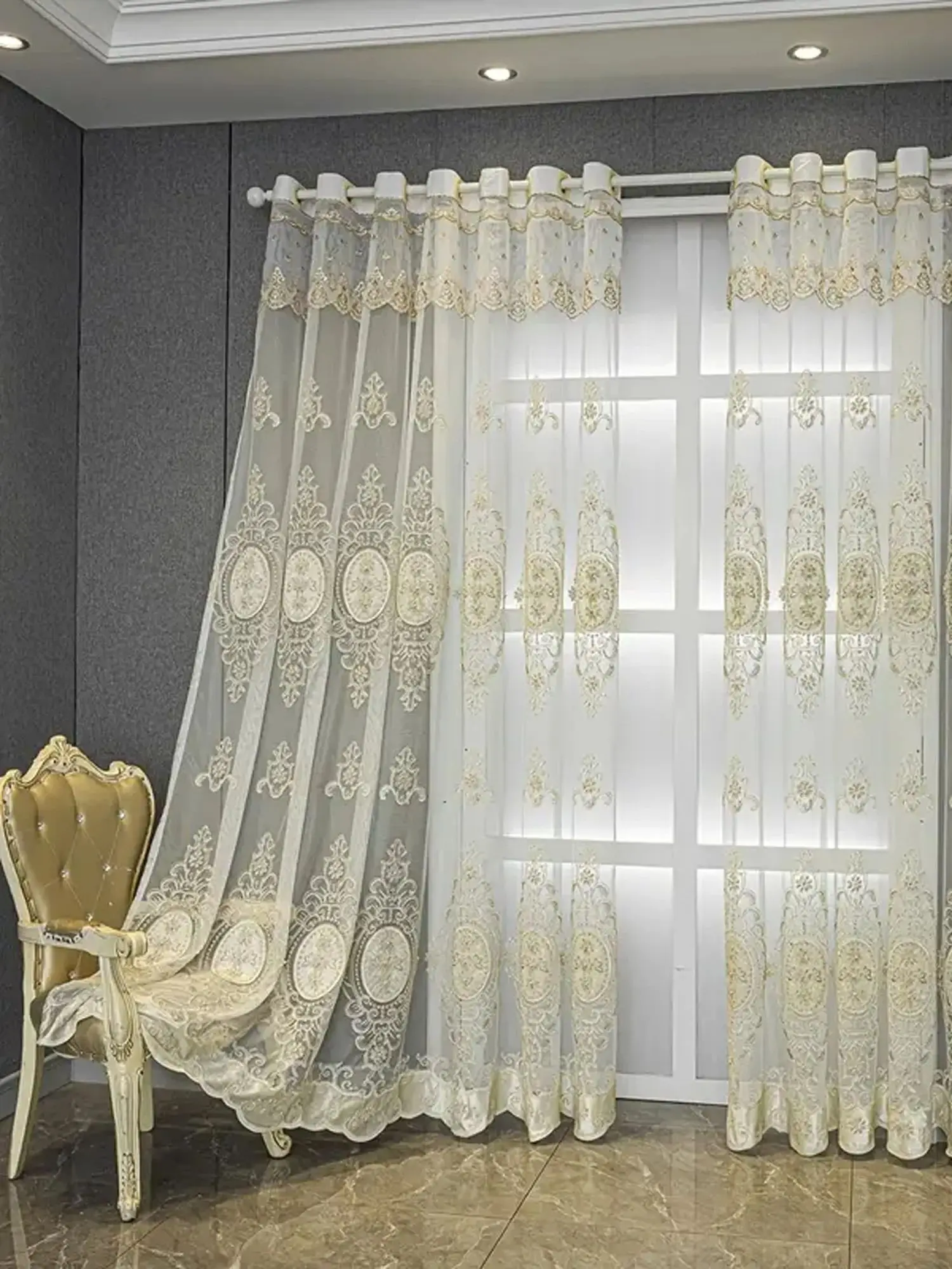1pc luxe geperforeerd Europese stijl high-end geborduurd kralen doorschijnend gordijn, elegant ontwerp voor woonkamer, slaapkamer - afbeelding 2
