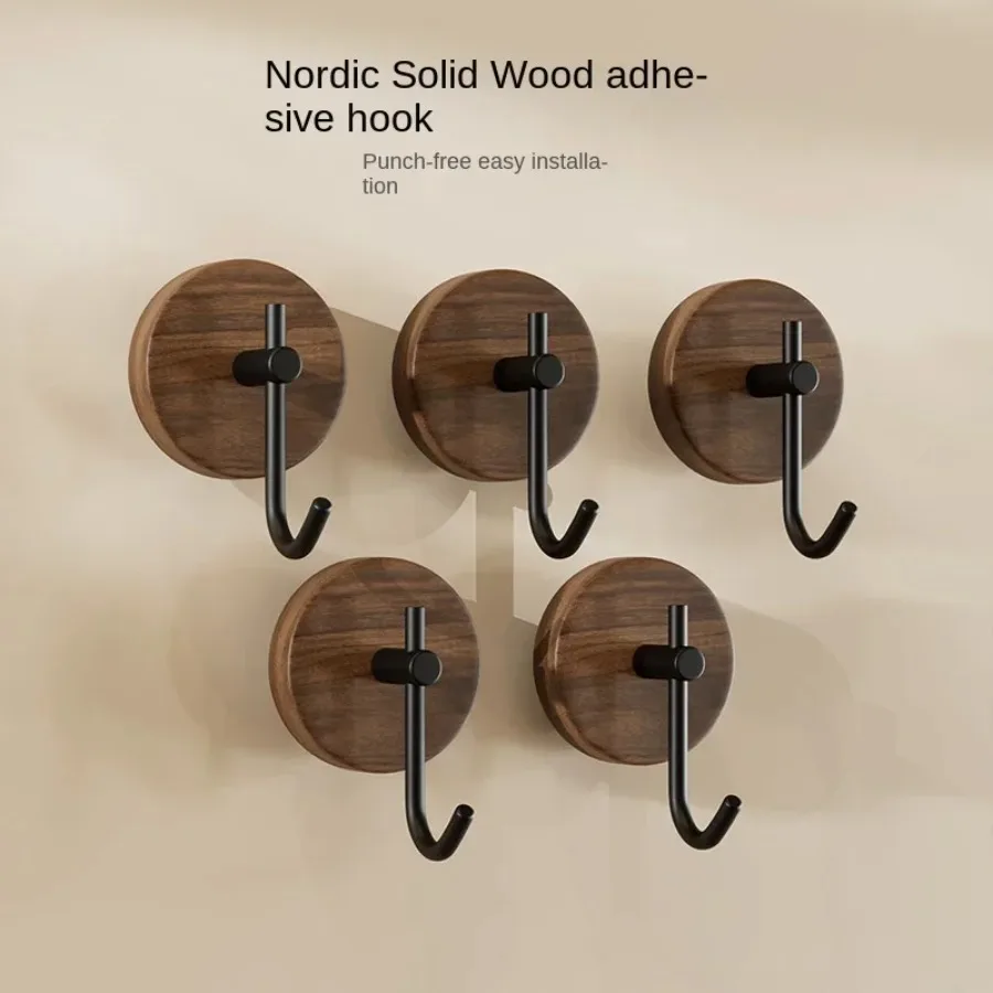 Self-adhesive Solid Wooden Hook Walnut Key Decorative Towel Holder Hook Door Hanger Wall Coat Rack Kitchen Bathroom Organizer