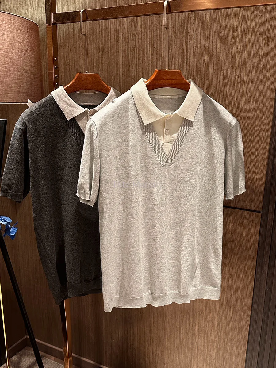 [Stack fake two pieces of 100% cotton] 26 summer new men's high-end lapel short-sleeved T-shirt knitted POLO