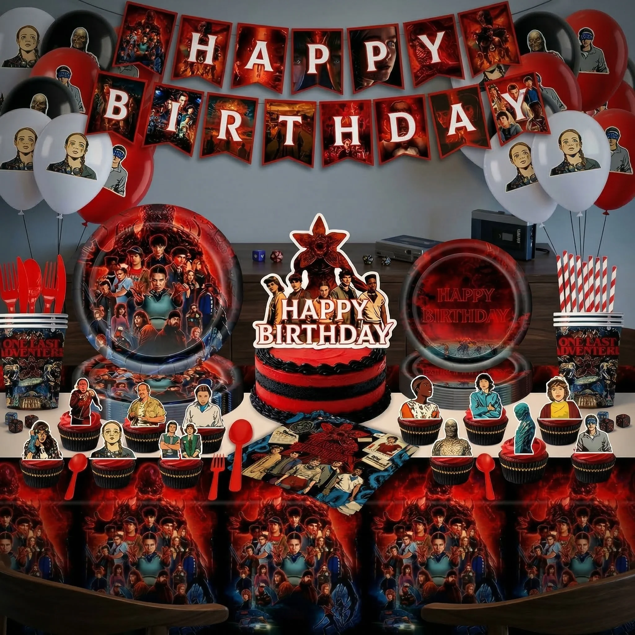 Decoración de Fiesta de Cumpleaños con Globos y Pancarta de Feliz Cumpleaños, Vajilla Desechable con Platos, Vasos, Mantel y Servilletas con Diseño de Stranger Things