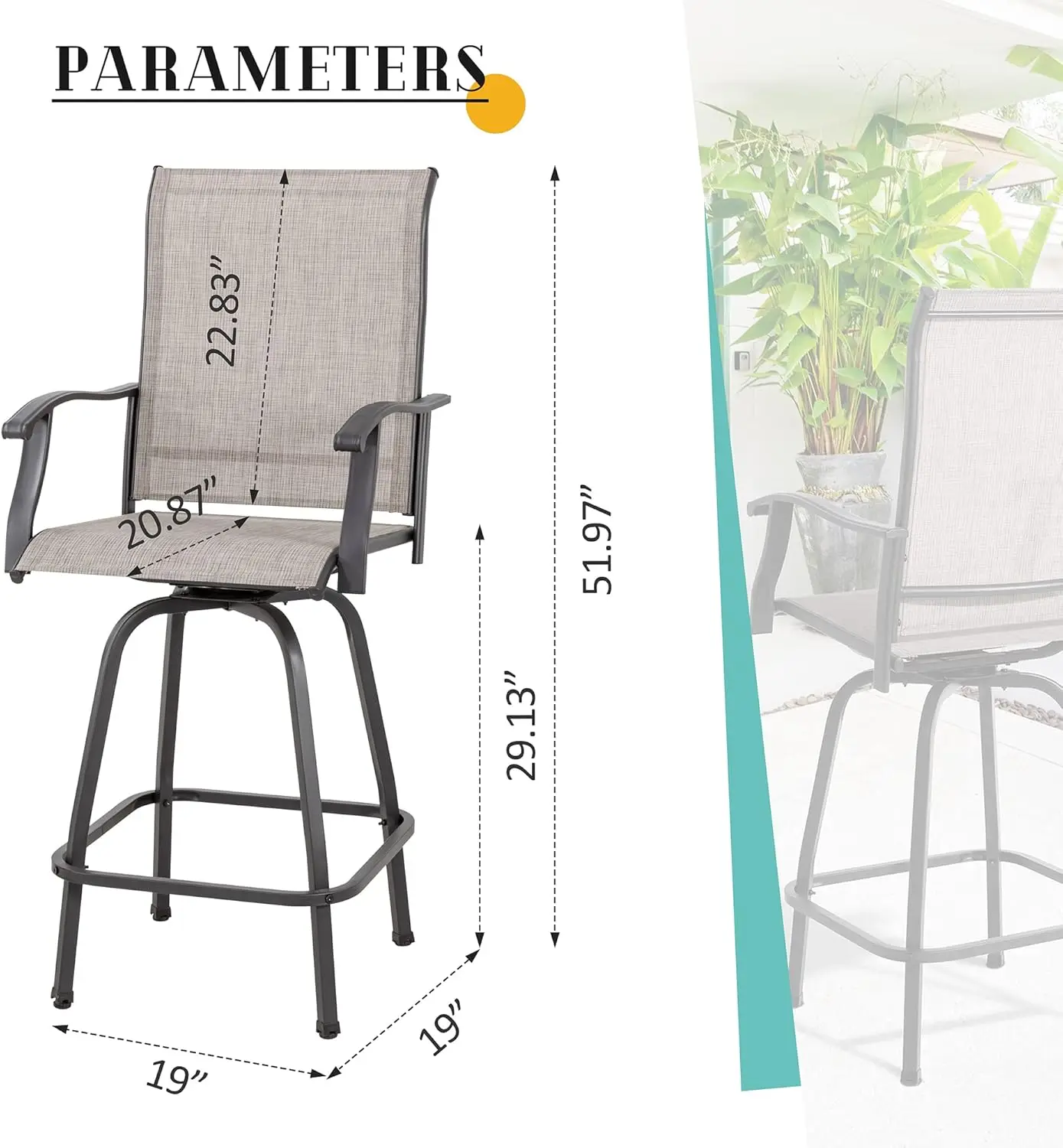 2-delige draaibare barstoelen voor op het terras, metalen textiel hoge draaibare barkrukken voor alle weersomstandigheden, hoge bistros voor buiten