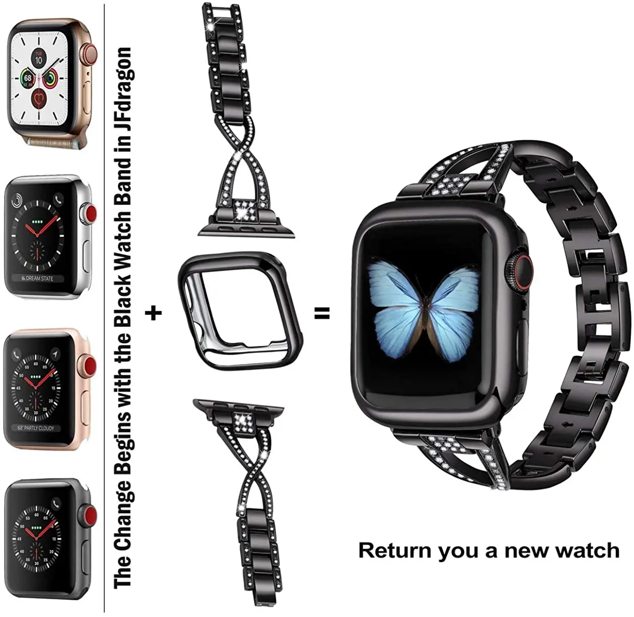 Metal diamond strap+case For Apple watch band 45mm 41mm Stainless Steel Bracelet Wristband for iWatch 8 7 5 4 SE 44mm 42mm 40mm
