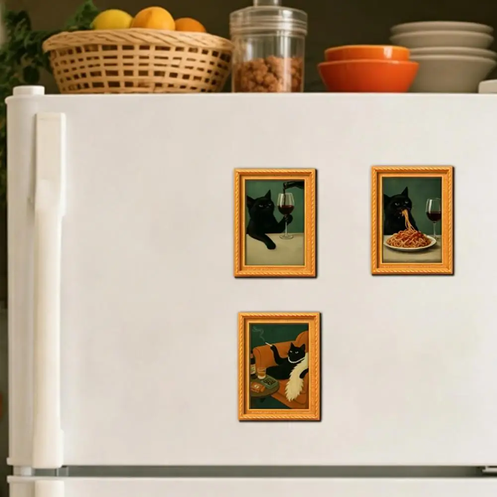 Funny Black Cat Wooden Refrigerator Magnet Mini Painting Vintage Style Black Cat Art Fridge Magnet Sticker For Home Decor Gift