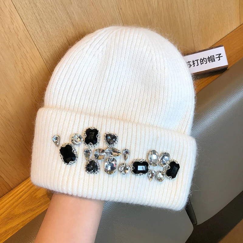 Winter lady warm thick beanie cap 7colors fashion rhineston solid casual Knitted hat women Angora wool cap windproof Versatile