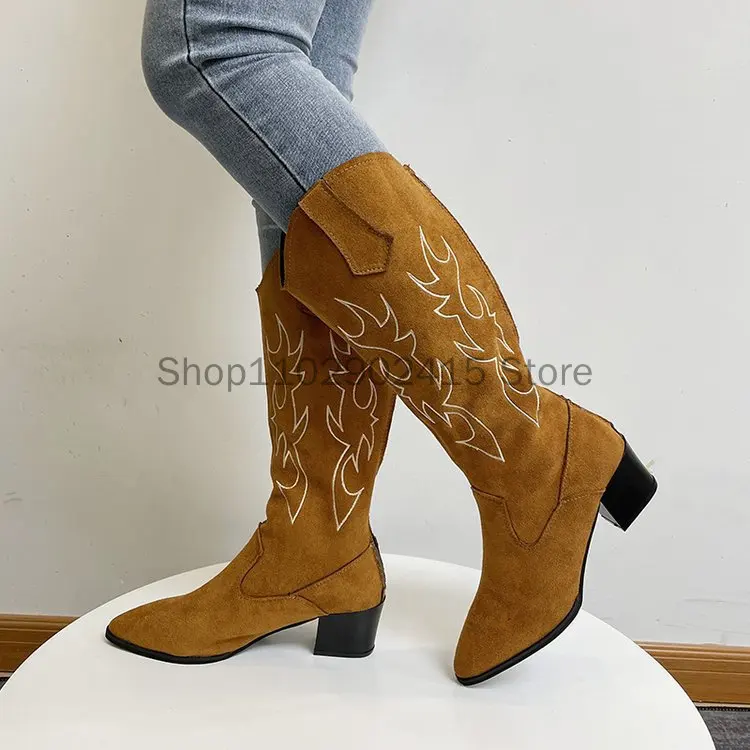 Neue Frauen Western Cowboys tiefel spitzen Damenschuhe drucken Mid Calf Stiefel Winter Chunky Heel Wedges Ritter Botas Feminina