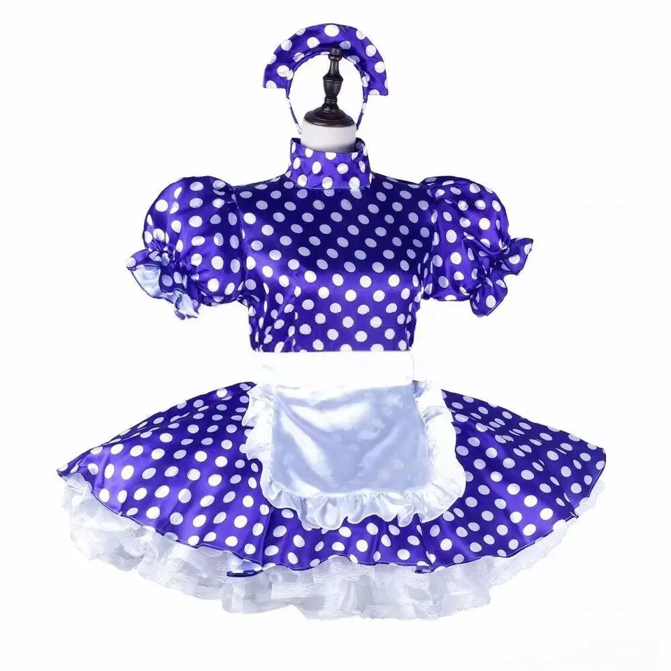 

Sissy purple sexy satin maid lockable fluffy lace short skirt dress cosplay customized