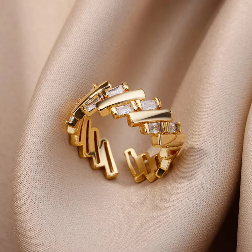 Luxus Zirkon Geometrische Ringe Für Frauen Edelstahl Gold Farbe Offenen Ring Trendy Hochzeit Party Ästhetischen Jewerly Geschenk Femme