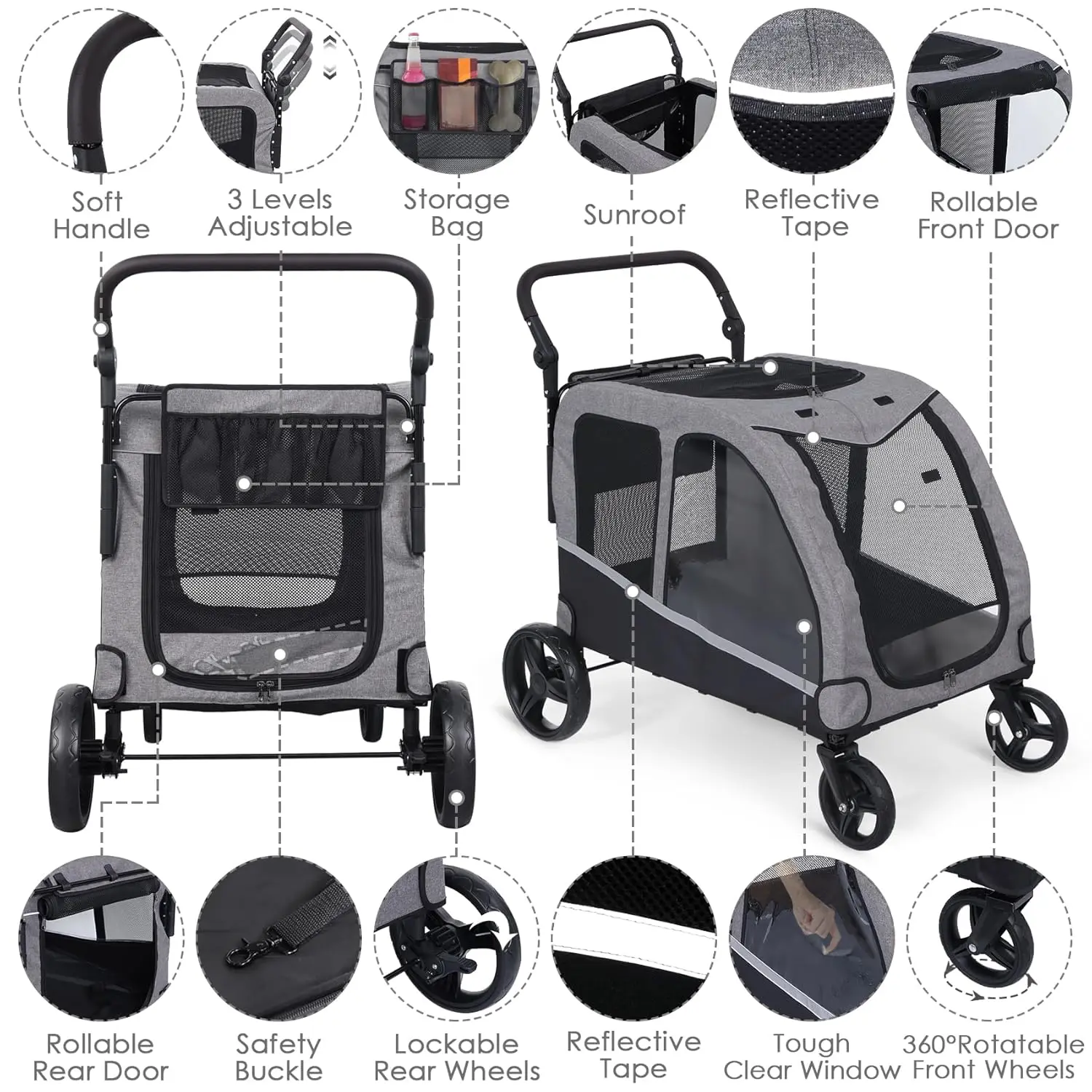 Foldable Eco-friendly Four-wheel Pet Stroller for Large/Extra Large Dogs Adjustable Handle 20kg Capacity Two-Pet Travel System