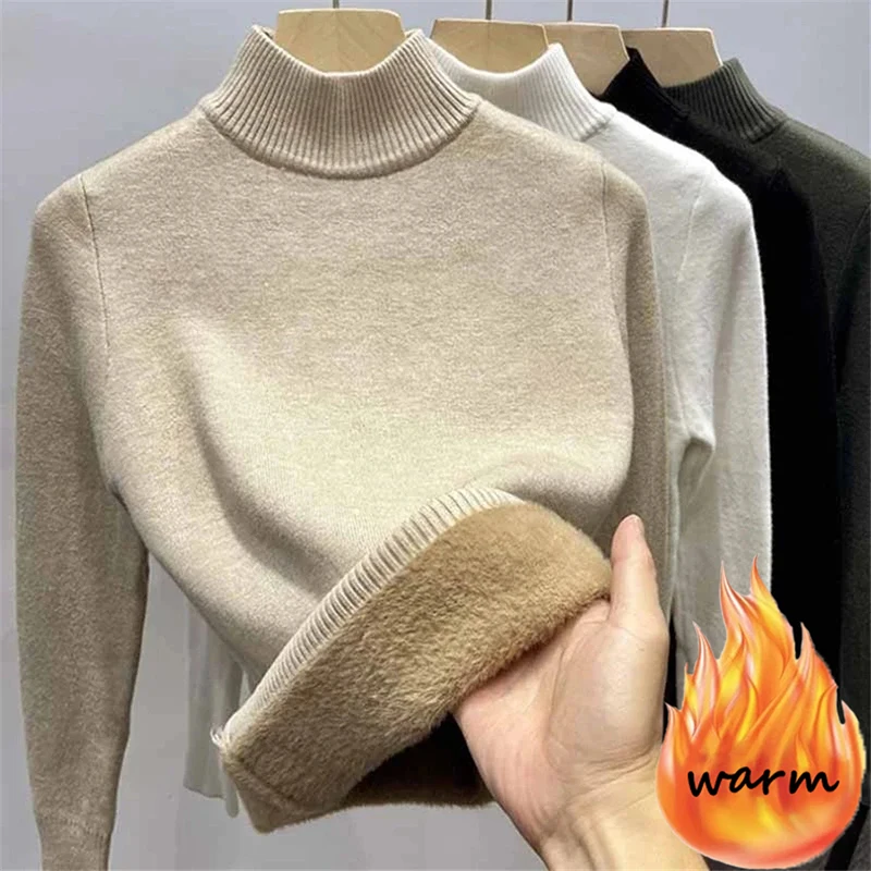 Half Turtleneck Warm Soft Knitwear Jumper Simple Plush Velvet Thicken Women Sweater New Soft Long Sleeve Slim Pullover Sweaters