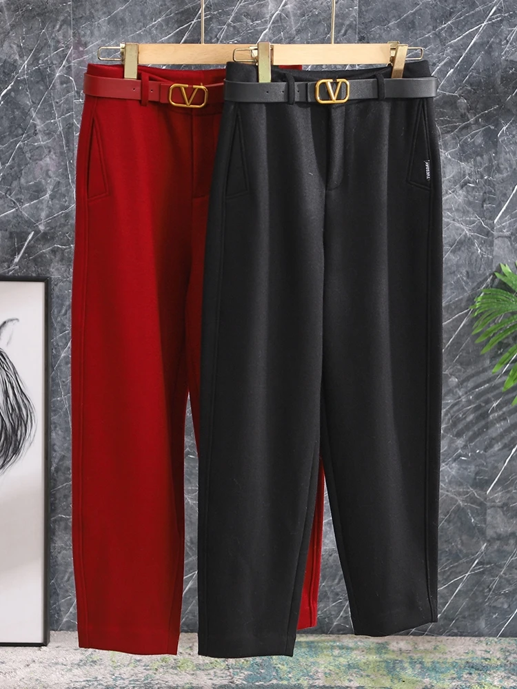 

High Waist Woolen Women's Pants Cone Shape V-Notch Casual Trousers Comfortable to Wear Polyester Cotton Wool Blend