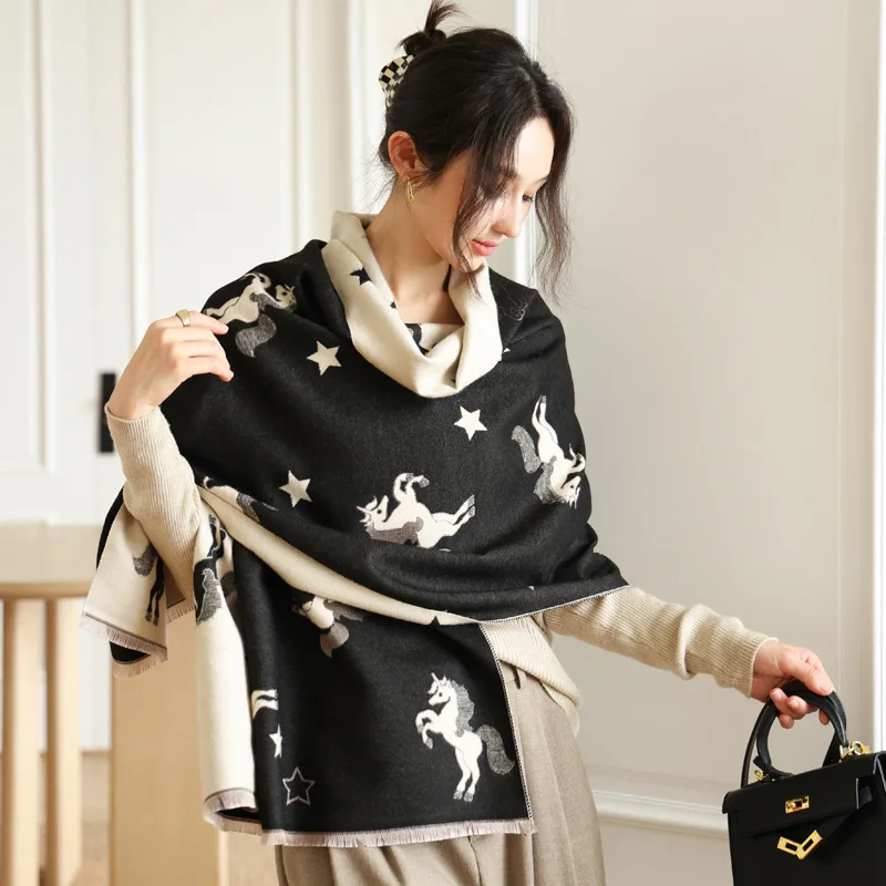 

Fashion Stars Horse Imitate Cashmere Shawl Long Scarf Double Sides Spring Autumn Wraps Winter Warm Neckerchief Women Gift