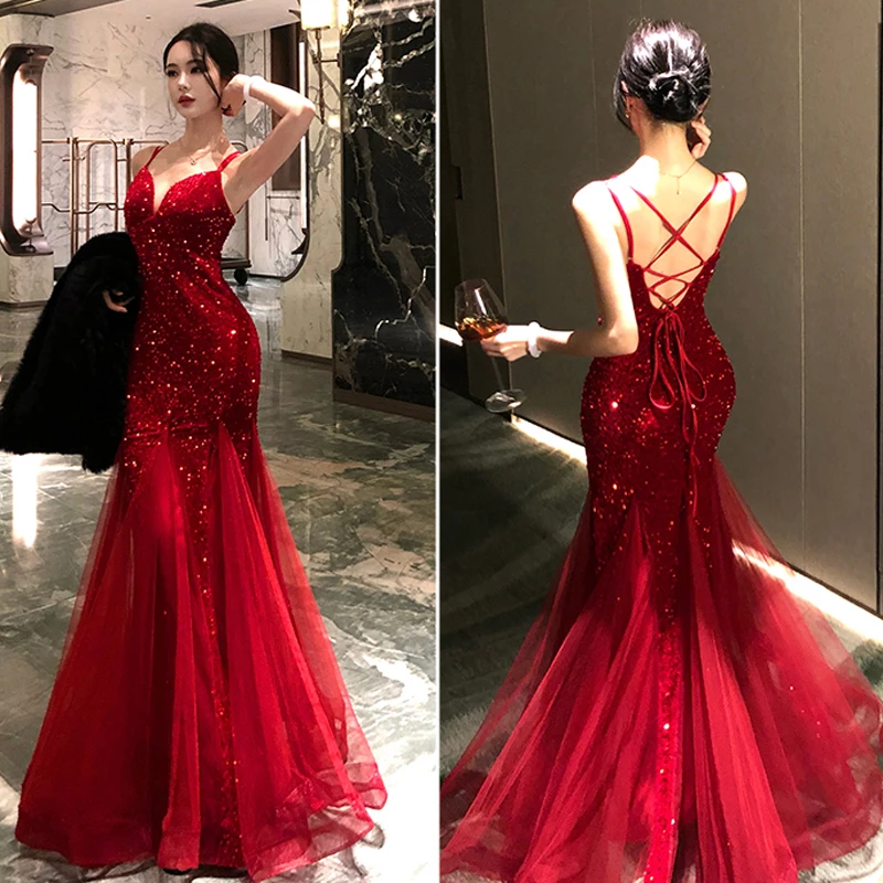 Sexy Backless Spaghetti Straps Red Evening Dress Elegant Deep V-Neck High Waist Luxury Shiny Sequins Party Female Tulle Dresses
