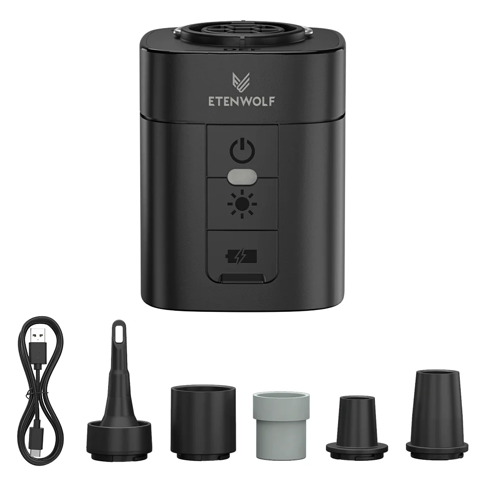 Tragbare Luftpumpe ETENWOLF AIR 3 mit 2600 mAh & Campingleuchte – Aufpump- und Entlüftungsfunktion für Luftmatratzen und Schwimmbecken-Aufsitzer.
