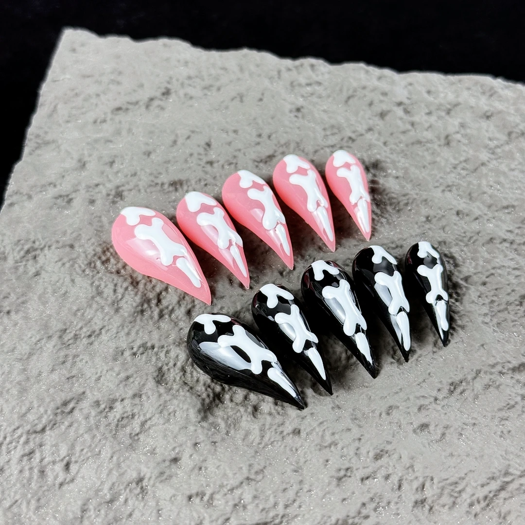 10pcs High-end Sweet and cool girl style, hand-painted Halloween gradient dragon claw bones, black and pink color contrast hand