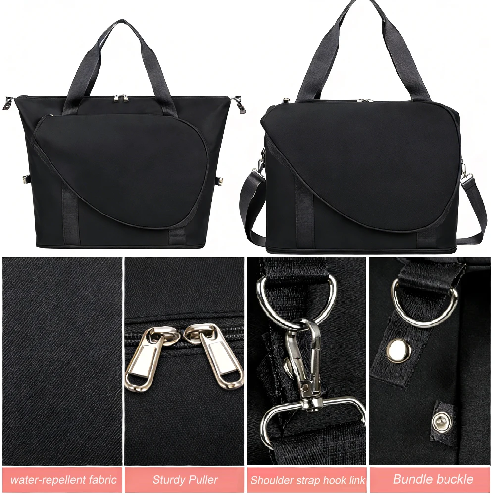 Tennis Travel Weekend Bag for Women with Exterior Drawstring Racket Pocket Separate Shoe Compartment Wet Pocket Laptop Pocket