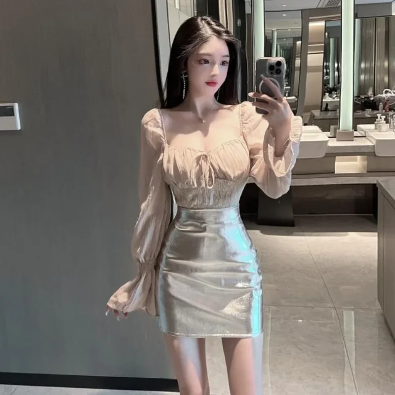 Woman Outfit Mature Sexy Sequin Night Club Skirt Long Sleeve Slim Fit 2 Pieces Sets for Women Korea Chic and Elegant Jacket Full