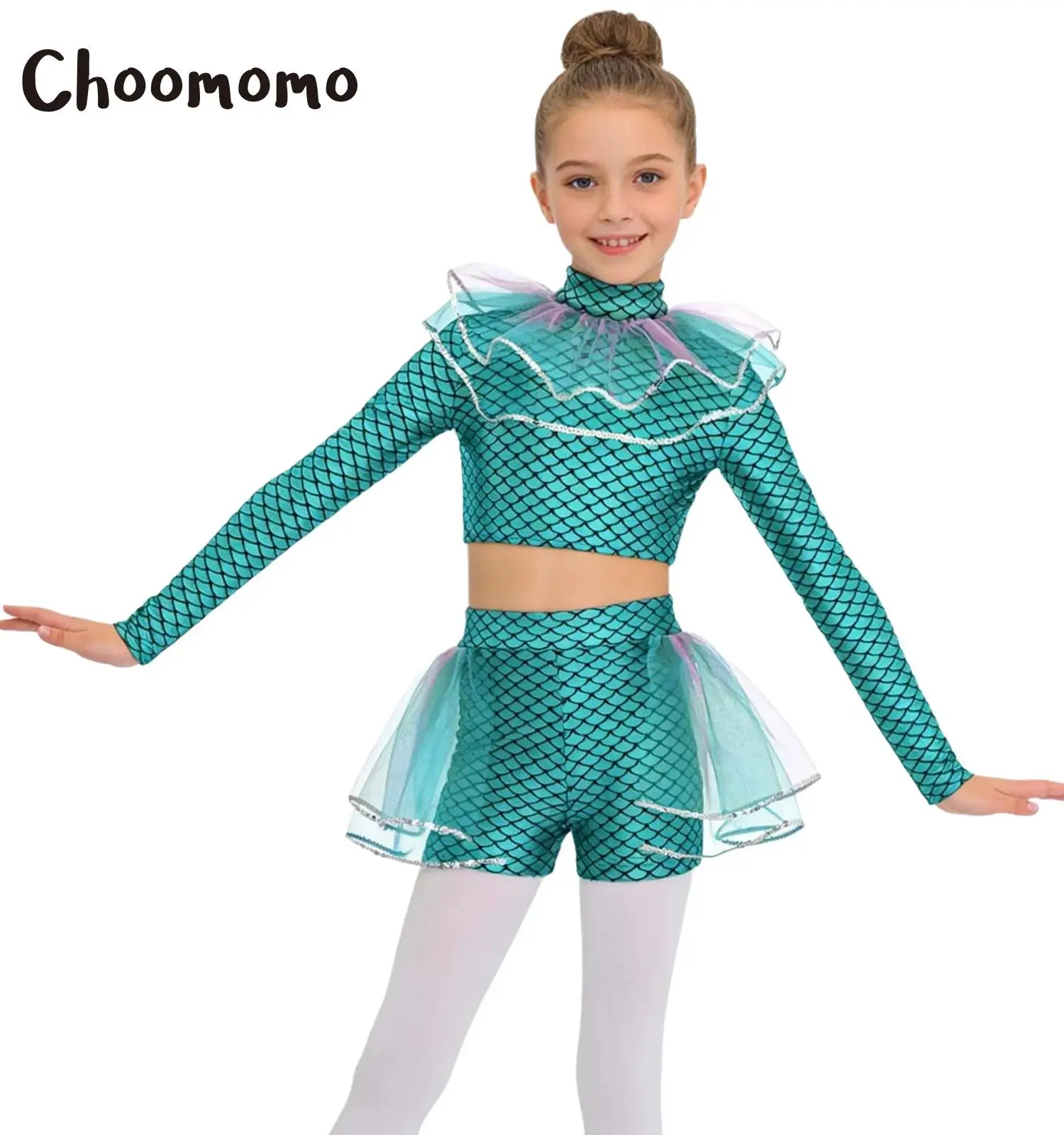 

Girls Halloween Mermaid Cosplay Costume Long Sleeve Mermaid Fish Scales Print Mesh Sequins Crop Top with Shorts Set Dress Up