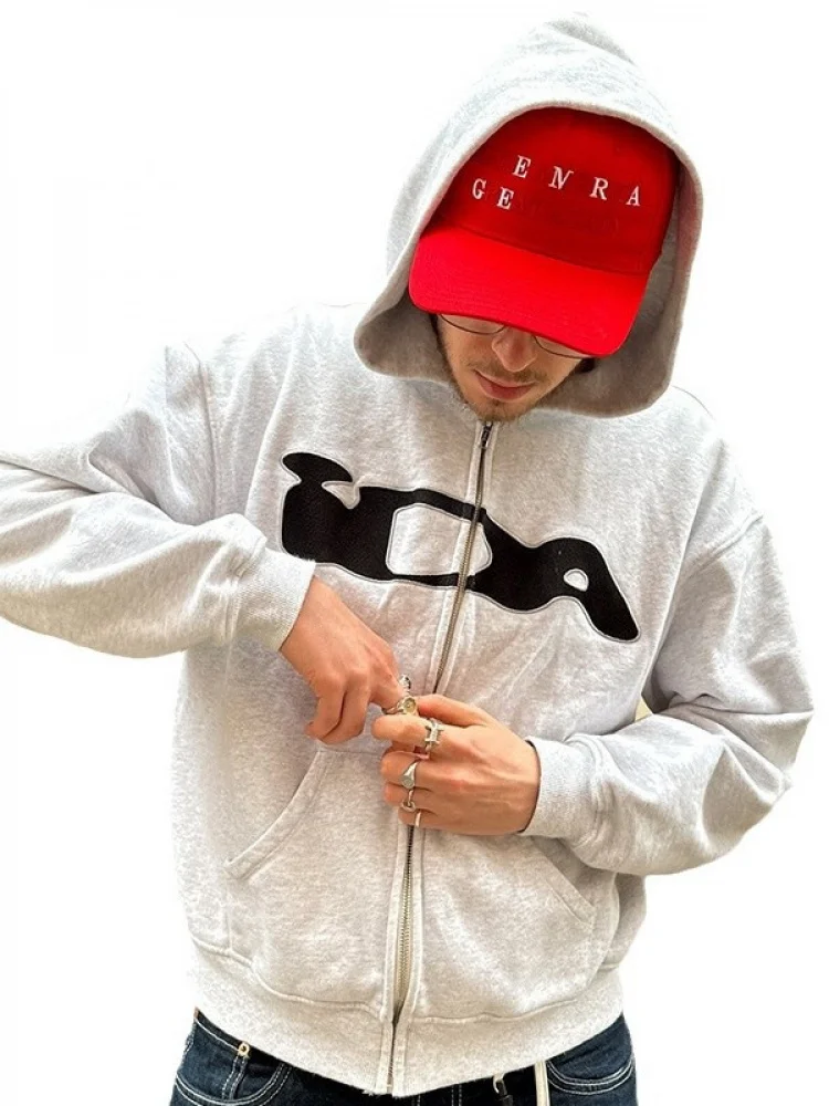Y2k streetwear hip hop carta retalhos com capuz aberto cardigan zíper solto ajuste outono inverno moletom para mulher