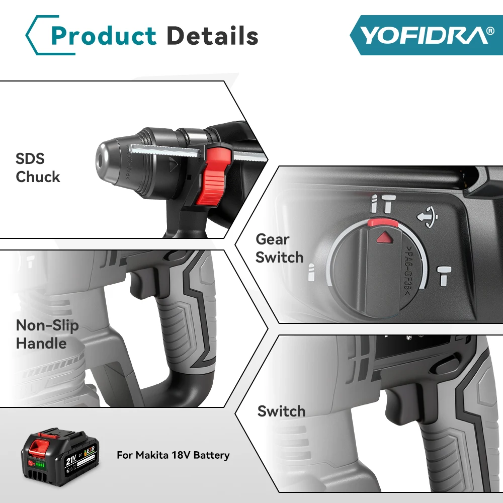 Yofidra 26mm Brushless Electric Hammer Impact Drill Multifunction Efficient Cordless Rotary Power Tool For Makita Battery Pin