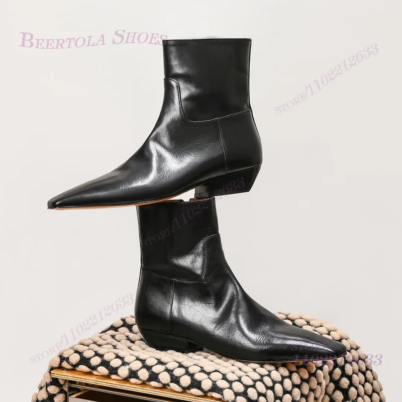 

British Style Black Ankle Boots Matte Leather Casual Women Winter Square Booties Concise Roman Simple Design Everyday Work Shoes