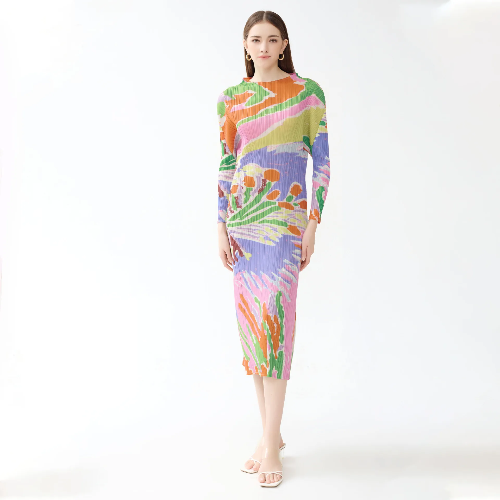 2024 Oil Painting Dress Autumn Women's Casual Style New Pleated Print Round Neck Long Sleeve Fashion Versatile A-line Dress