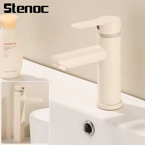 Milk White Single Handle Deck Mounted Basin Sink Faucet Single Lever Hot Cold Water Tap 304 Stainless Steel Single Hole Tap