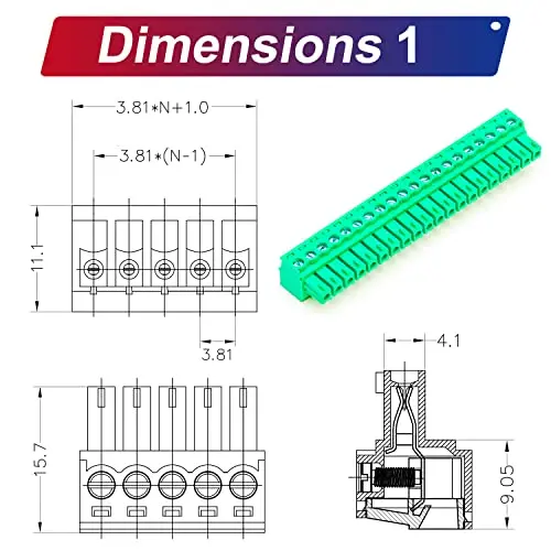 3.81mm Male & Female 22 Pin Phoenix Connector No Soldering Green PCB Screw Terminal Block Connector (1Set 3.81MF-22Pin)