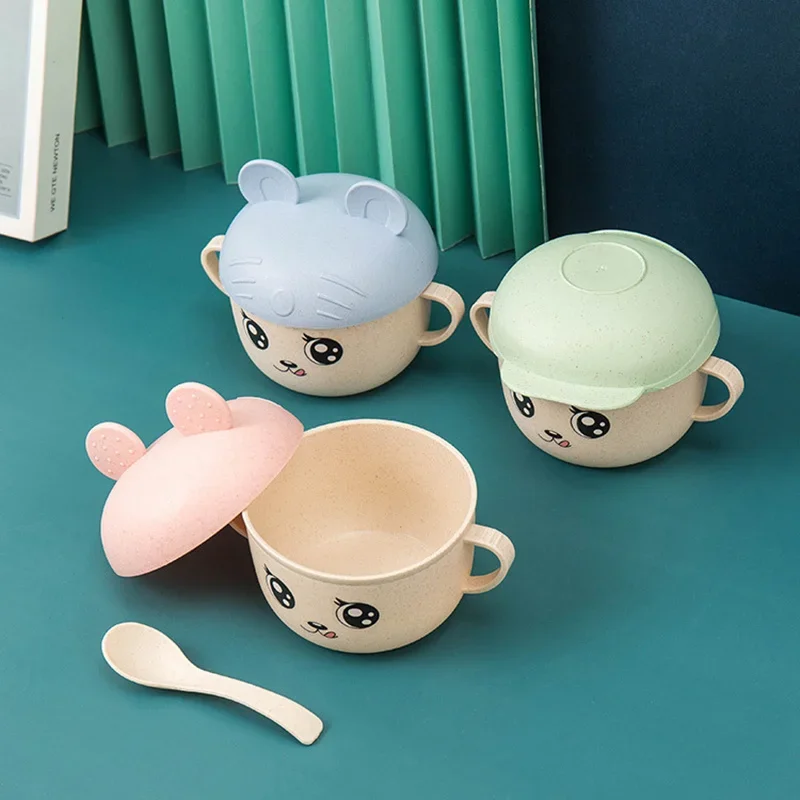 2Pcs/Set Baby Feeding Food Tableware Wheat Cartoon Kids Dishes Children Eating Dinnerware Set Anti-hot Plate Training Bowl+spoon