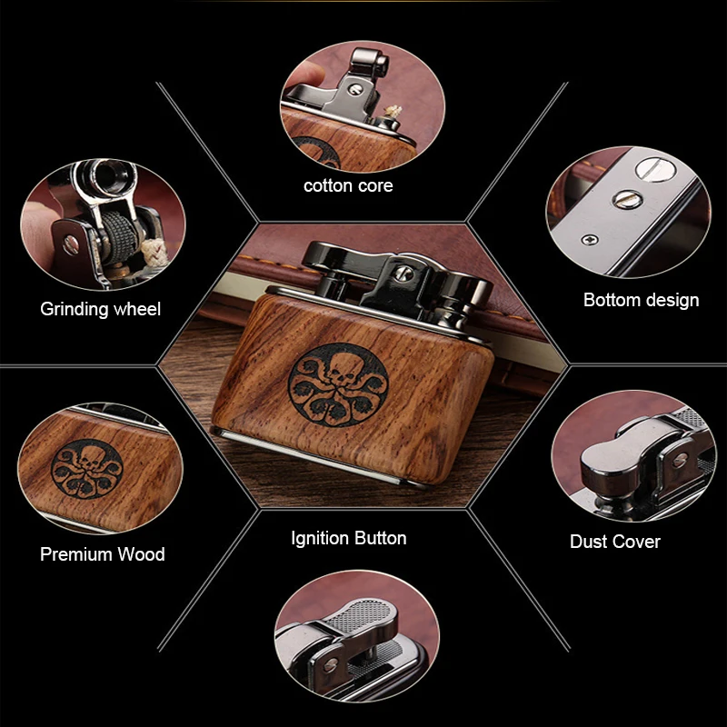 Wooden Shell Laser Engraving Lighter, Retro Nostalgia, One-key Press Grinding Wheel Ignition, Cigarette Accessories, Oil Machine
