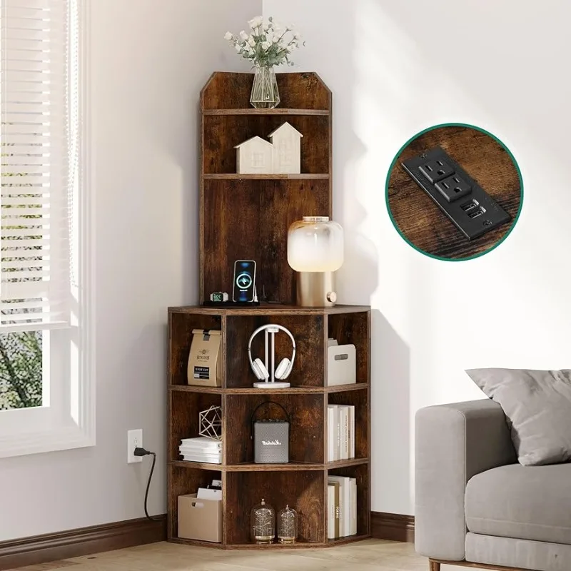 Corner Shelf with USB Ports & Outlets, Industrial Corner Storage Cabinet Rack Charging Station, Wooden