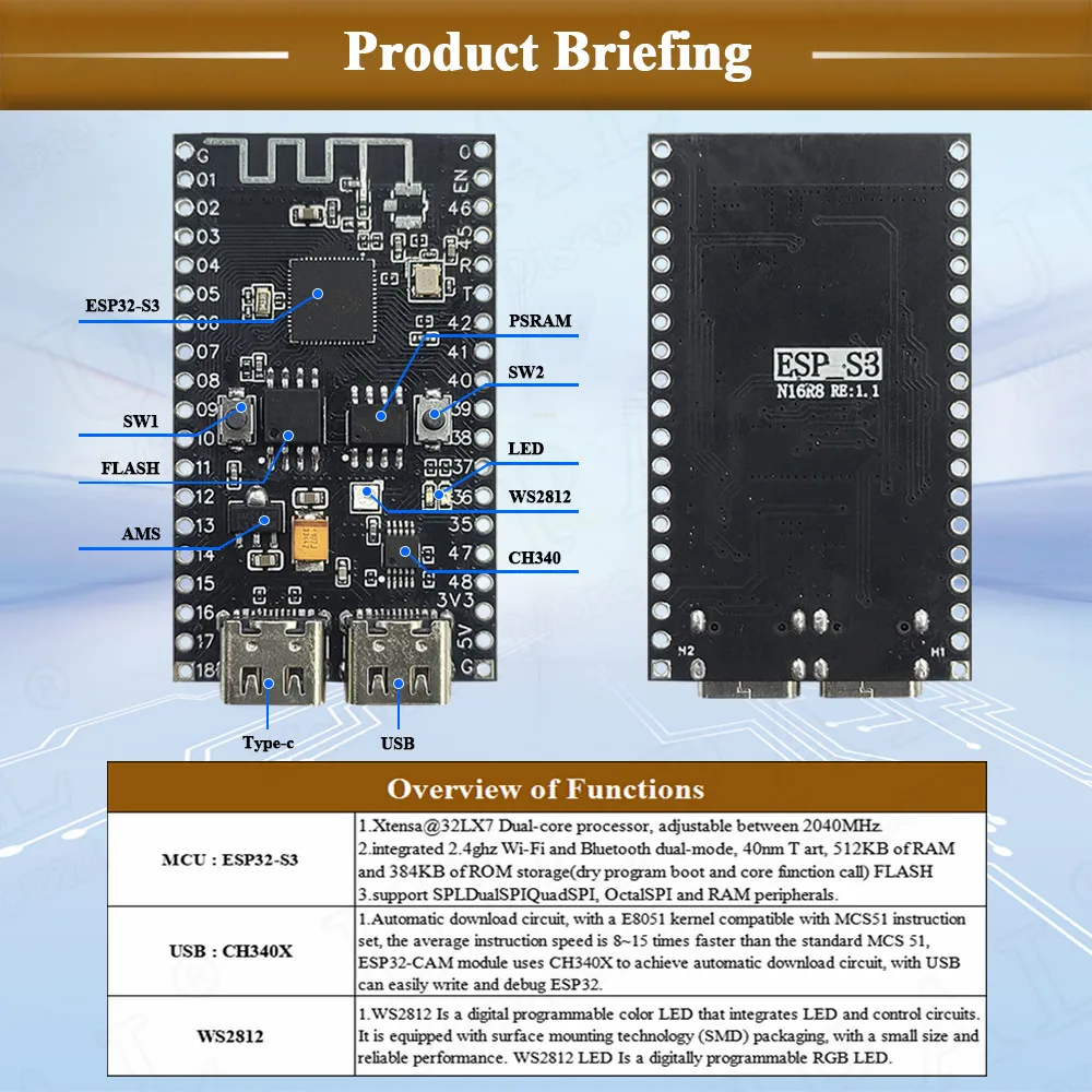 Imagem -04 - Placa de Desenvolvimento Esp32-s3 N16r8 bt Módulo Wifi 2.4g para Arduino Psram 8mb Flash 16mb Ws2812 Led Ch340 Tipo-c Esp32 s3 Novo