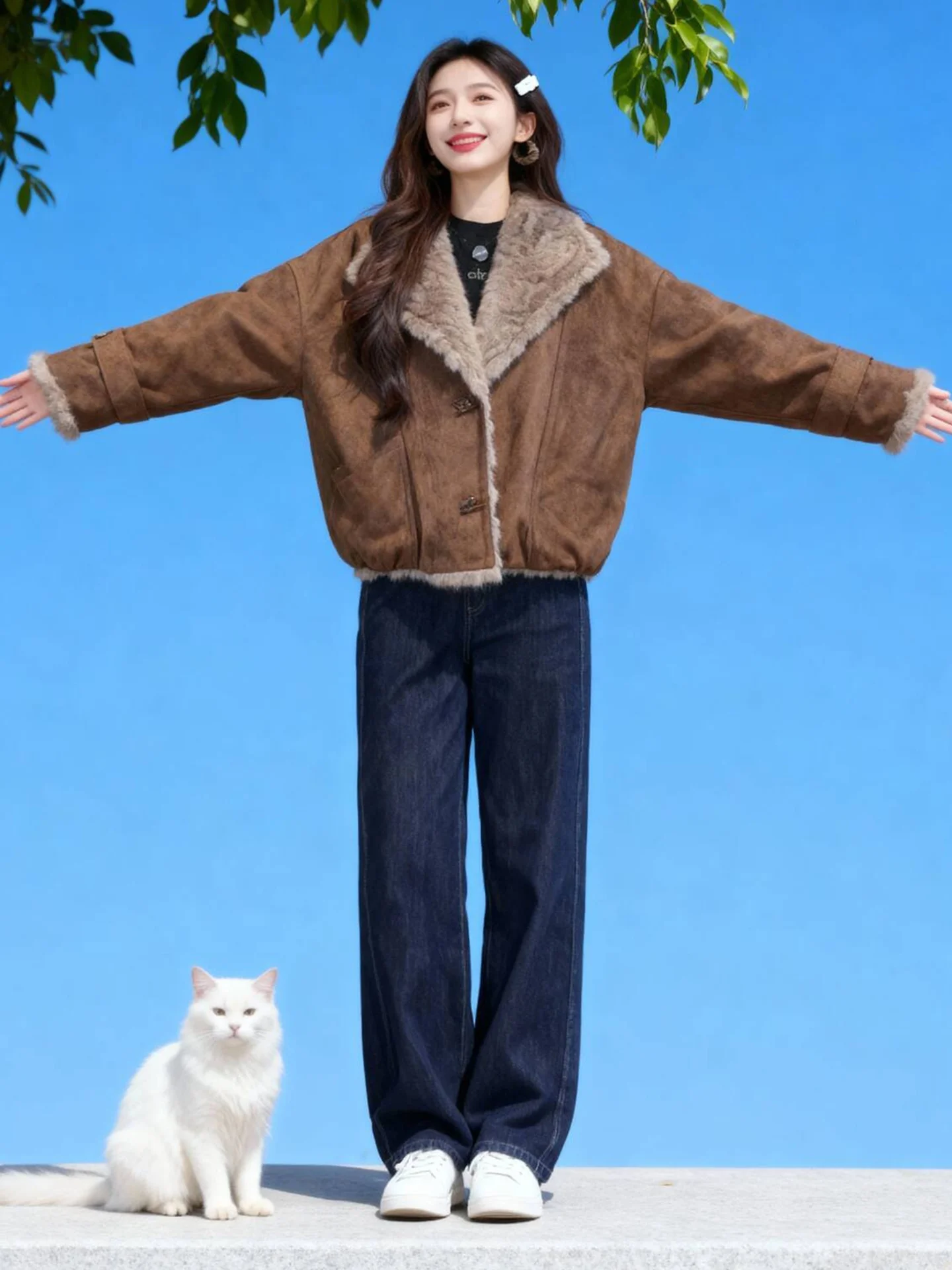 Premium Short Women's Jacket Winter 2026 New Popular Match Allure Fur Splicing Commute Style Loose Fit Long Sleeve Button Clo...