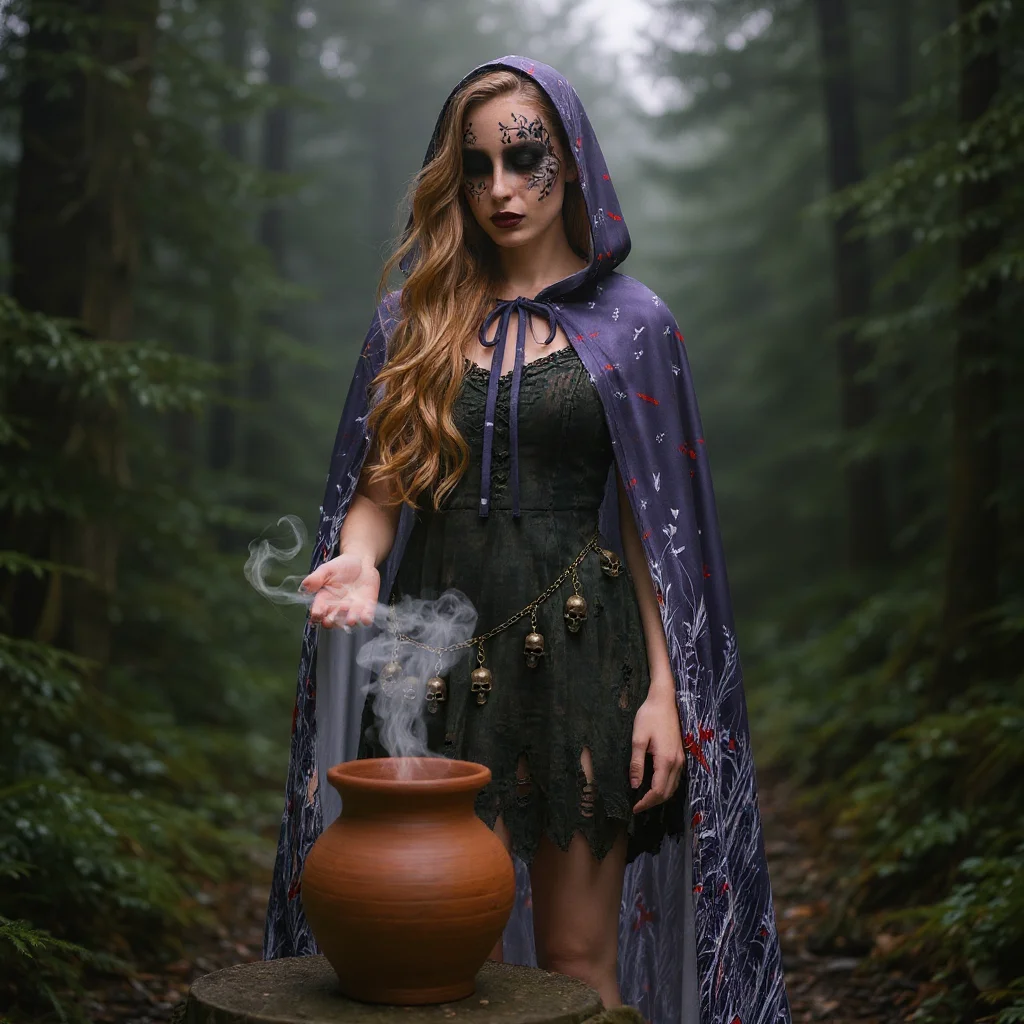 Cape à capuche en velours médiéval - Cape imprimée plante et insecte, Cape Renaissance avec capuche Capelet vintage Coût de sorcier d'Halloween