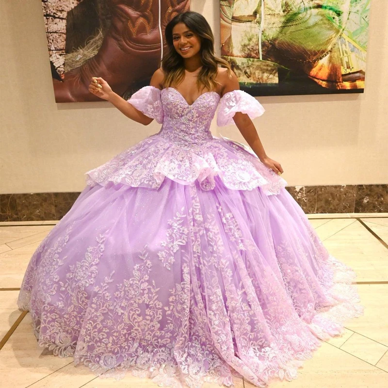 

ANGELSBRIDEP Light Purple Appliques Tiered Ball Gown Quinceanera Dresses Sweet 16 Girl Party Dress Vestido De 15 Anos