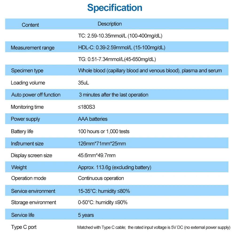 Analizador de lípidos en sangre 5 en 1, colesterol total (TC), lipoproteína de alta densidad, colesterol (HDL-C o LDL) y triglicérido (TG)