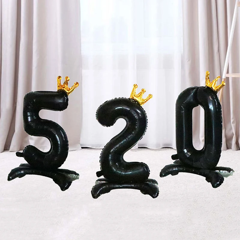 1Pc 40Inch Golden Crown Digital Black Balloon 0-9 Digital Balloon With Base Birthday Party Anniversary Decoration Shower Balloon