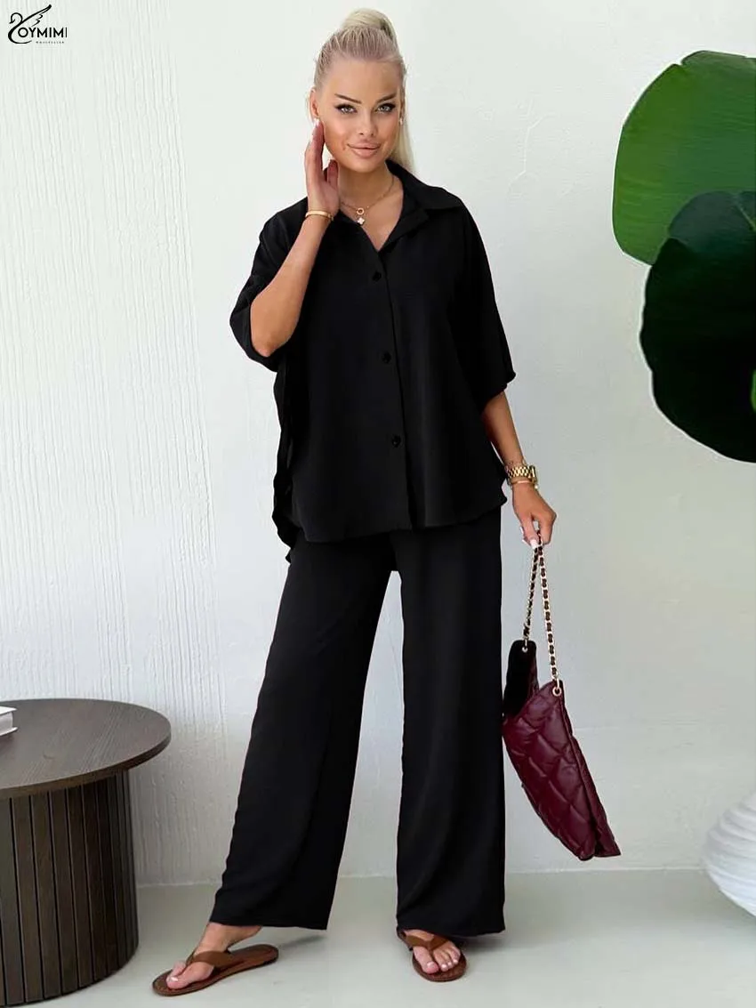 

Oymimi Fashion Black 2 Pieces Set For Woman Elegant Lapel Batwing Sleeve Single Breasted Shirts And Simple Straight Pants Sets