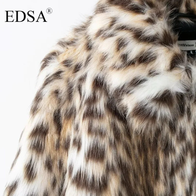 EDSA Women Leopard Faux Fur Jacket Female Winter Long Sleeves Front Pockets Artificial Fur Effect Long Sleeve Coat Outerweaar